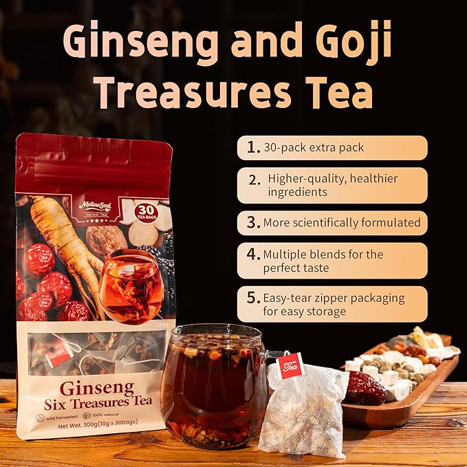 Kidney Tea Formula Ginseng Six Treasure Tea -Upgraded Ginseng Five Treasures,Natural Herbal Blend with 6 Traditional Chinese Herbs Kidney , Caffeine-Free,Detox & Cleanse, Liver Support & Energy Boost For Men Women(1 Pack/30 Bags)(Six treasure)