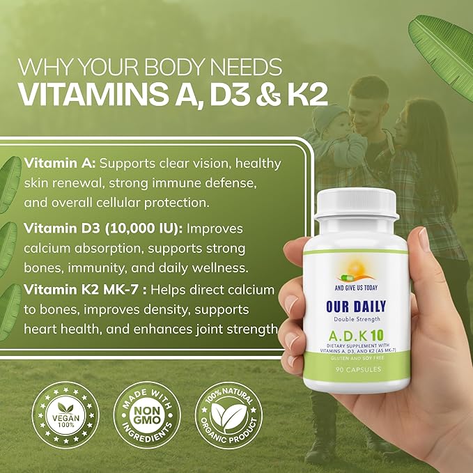 Daily Vites ADK 10 - ADK Vitamin Supplement - High Potency Vitamin A, D3 10,000 IU & K2 (MK-7) - Physician Formulated for Bone, Heart & Immune Support - Non-GMO, Gluten Free - 90 CT (3-Month Supply)