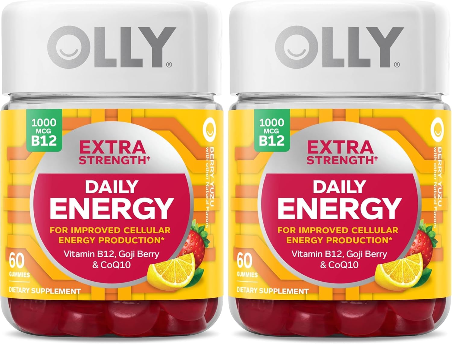 OLLY Extra Strength Daily Energy Gummy, Caffeine Free, 1000mcg Vitamin B12, CoQ10, Goji Berry, Adult Chewable Supplement, Berry Yuzu Flavor - 60 Count (Pack of 2)