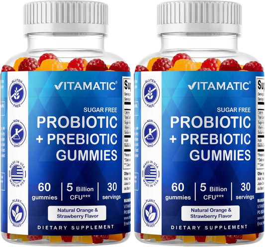Vitamatic Sugar Free Probiotic Gummies for Men and Women – 5 Billion CFUs - 60Gummies per Bottle | 2 Pack (120 Gummies) Digestive, Immune & Gut Health Support – Gluten Free
