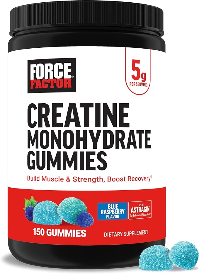 Force Factor Creatine Monohydrate Gummies, 5g Dose for Men & Women to Support Muscle, Strength, Recovery, Cognitive Health & Memory, Blue Raspberry, 150 Gummies