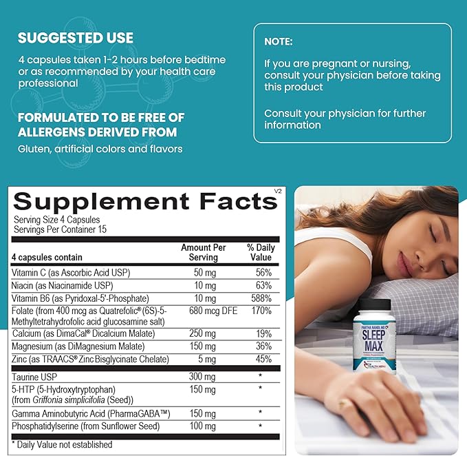 Sleep Max Natural Sleep Aid – Magnesium, GABA, 5-HTP & Taurine – REM Sleep & Deep Sleep Supplement Without Melatonin – Non-Habit Forming Vegan Herbal Sleep Aid – Non-GMO – 60 Capsules