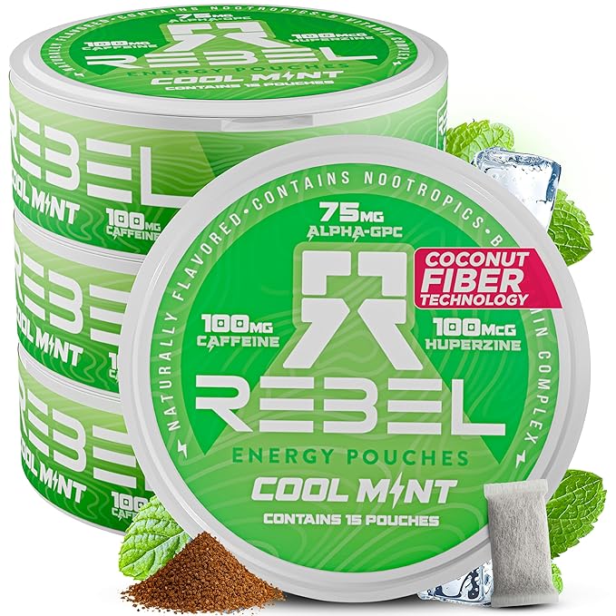 Nootropic Energy Caffeine Pouches (Cool Mint) • 100mg Caffeine • Alpha GPC • Huperzine A & Essential Vitamins • Sugar-Free • Coconut Fiber Technology • 15 Pouches Per Can (Pack of 4)
