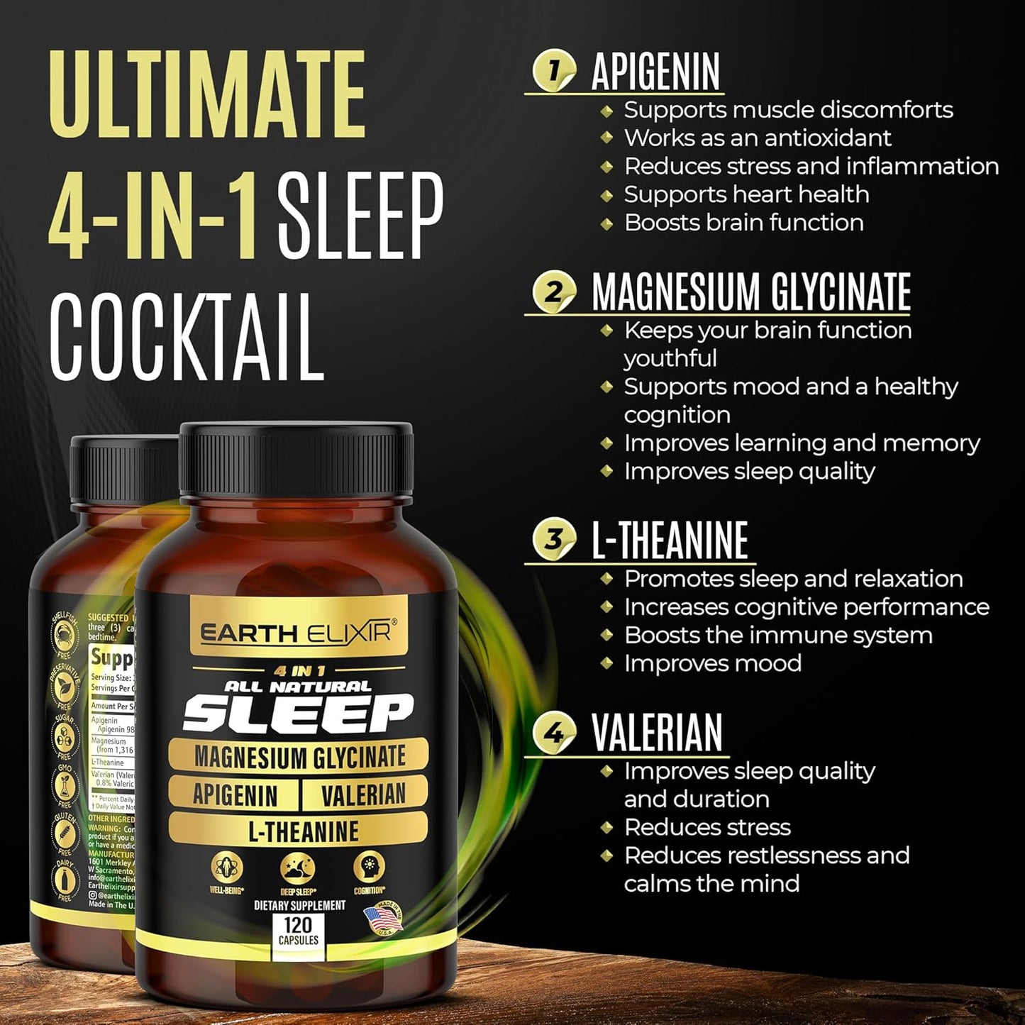 Earth Elixir 4-in-1 Sleep Aid (120 Caps) w/Apigenin 50mg, Magnesium Glycinate 200mg, L Theanine 200mg & Valerian Root for Sleep Aid 300mg | Apigenin Supplement for Sleep | Sleeping Pills
