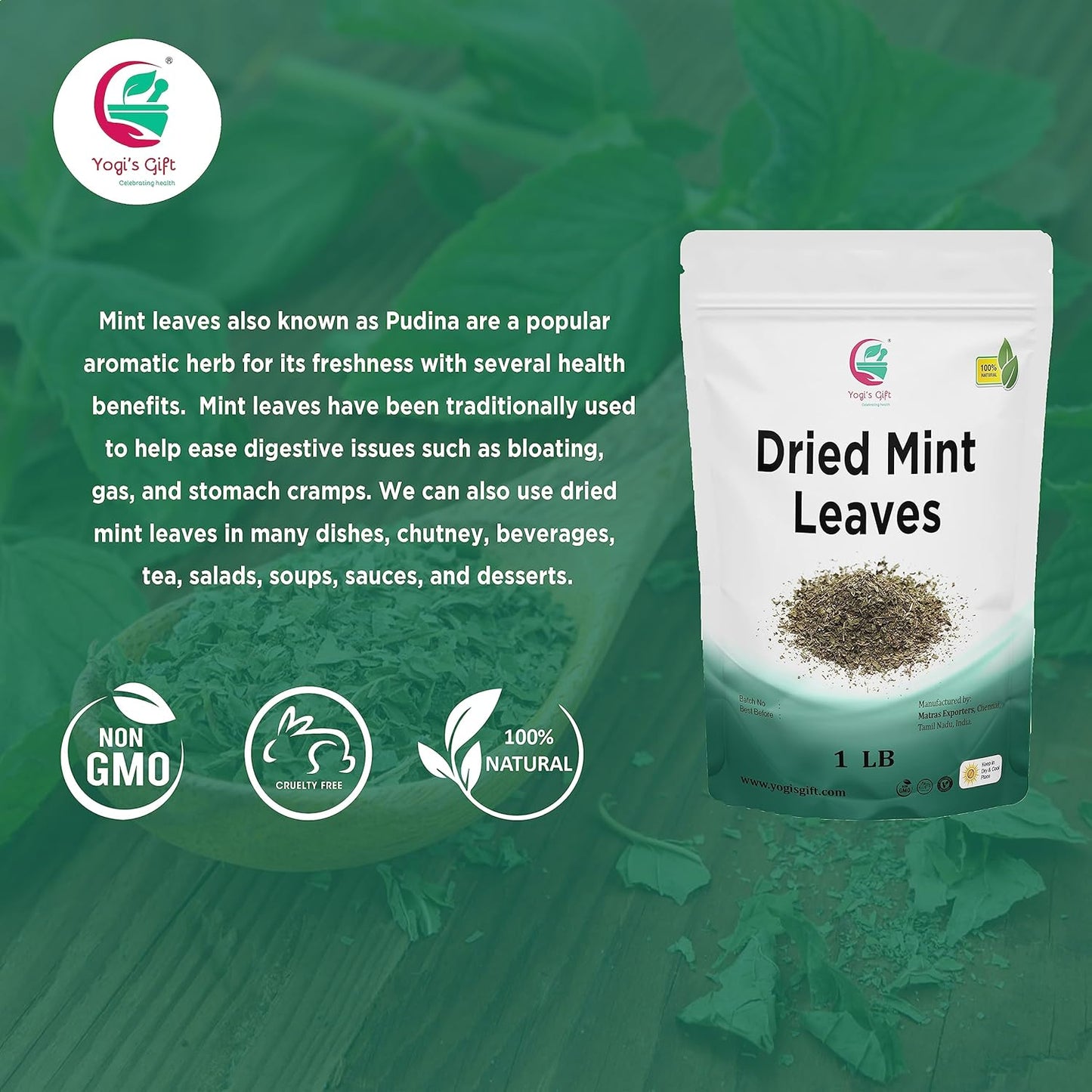Dried Mint Leaves 1 LB | Peppermint Leaves For Tea & Savoury | Non-GMO, Ethically Sourced, Cut & Sifted | Bulk Tea Loose Leaf - Yogi’s Gift®