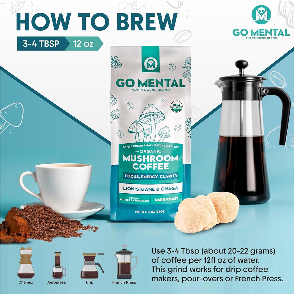 Organic Lion's Mane and Chaga Mushroom Coffee Dark Roast, Full Fruiting Bodies, For Enhanced Brain Function, Immune Support, Wellbeing, Grade 1 Single Origin Peruvian, 12oz - Ground (2 Pack)