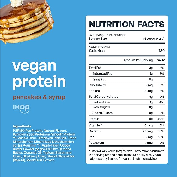 BE AMAZING Vegan Protein Powder, IHOP Pancakes & Syrup, 20g Plant Based Protein with Prebiotic Fiber, Low Carb, Dairy and Gluten Free Shake Mix, No Added Sugar, 29.3 oz, 25 Servings