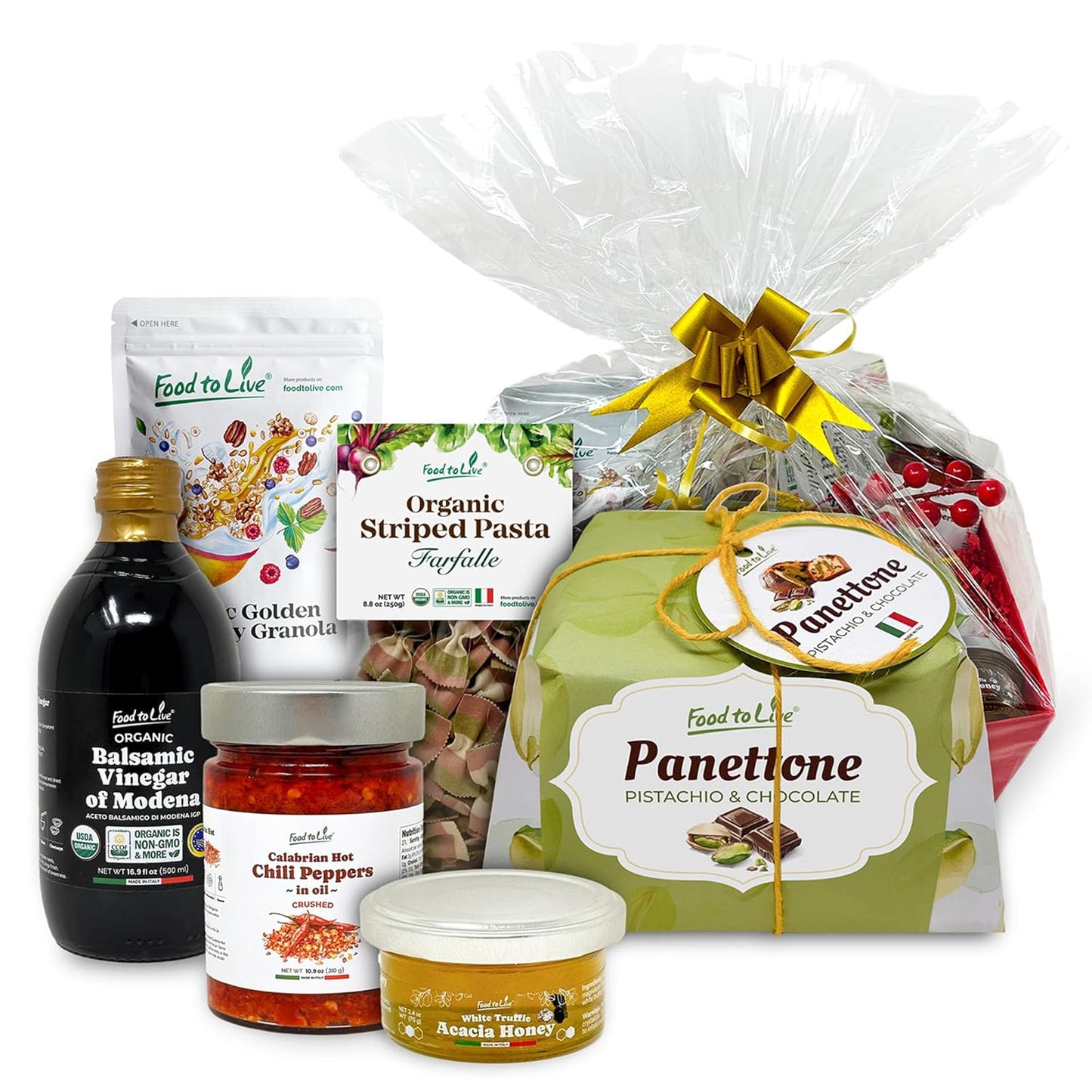 Food To Live Holiday Gift Basket – Italian Pistachio and Chocolate Panettone, Organic Pasta, Organic Balsamic Vinegar, Truffle Honey, Calabrian Hot Chili Pepper and Crunchy Granola