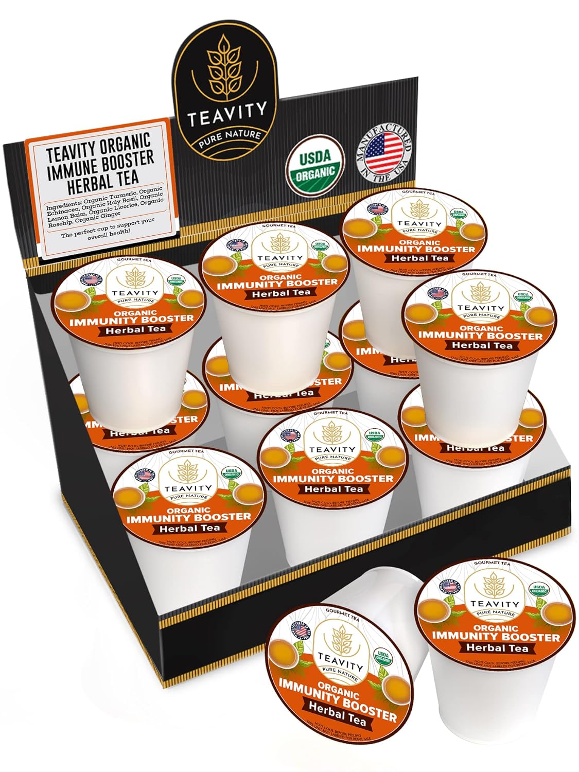 Organic Ginger Tea Pod with Echinacea, Turmeric, and Licorice for Keurig, Decaf by Teavity (12 Tea Pods)