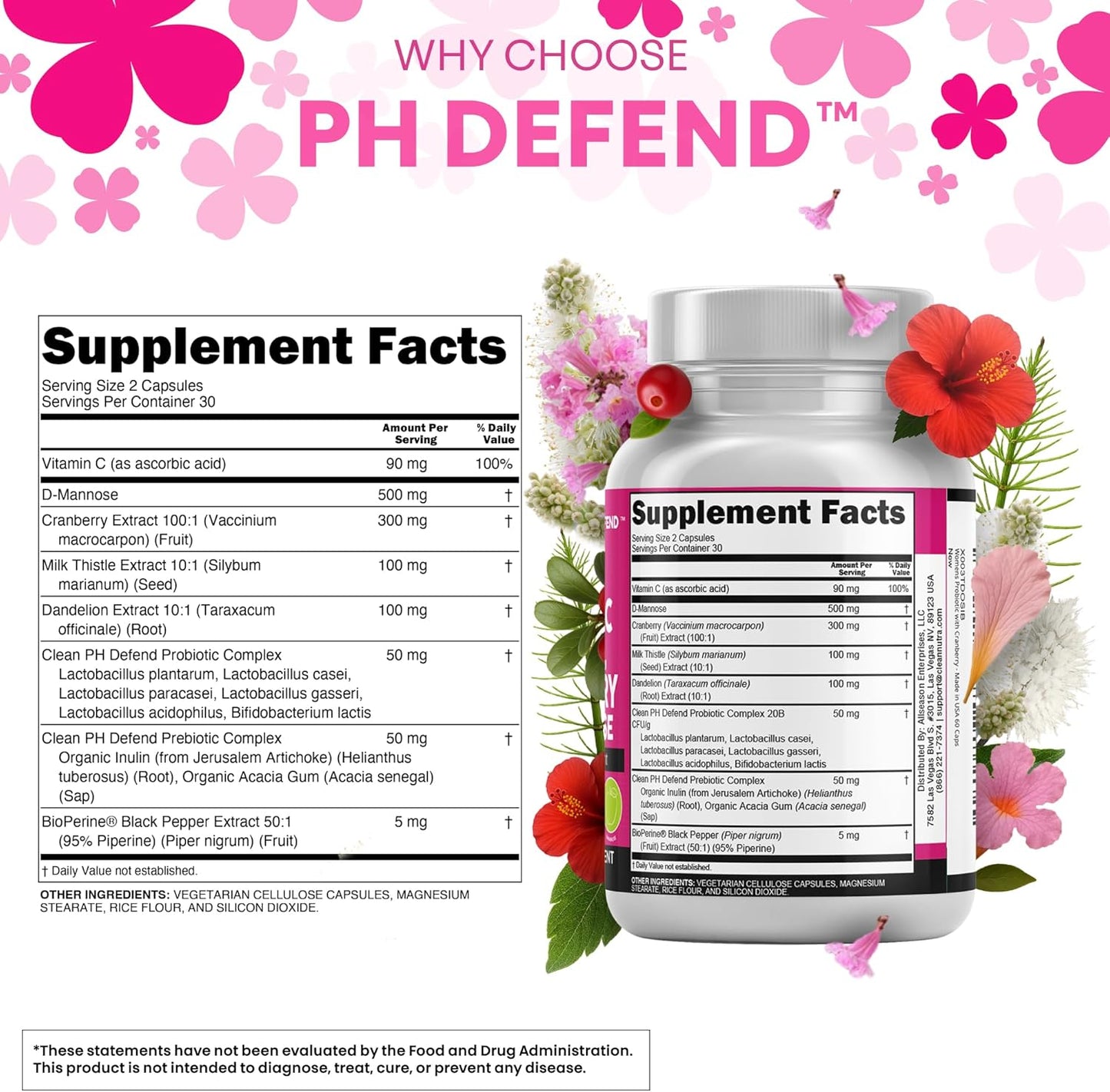 Clean Nutraceuticals Vaginal Probiotics for Women with Cranberry, D-Mannose, Prebiotics, pH Balance Support, Feminine Health, Urinary Tract Cleanse – Capsule Alternative to Gummies – 60 Count