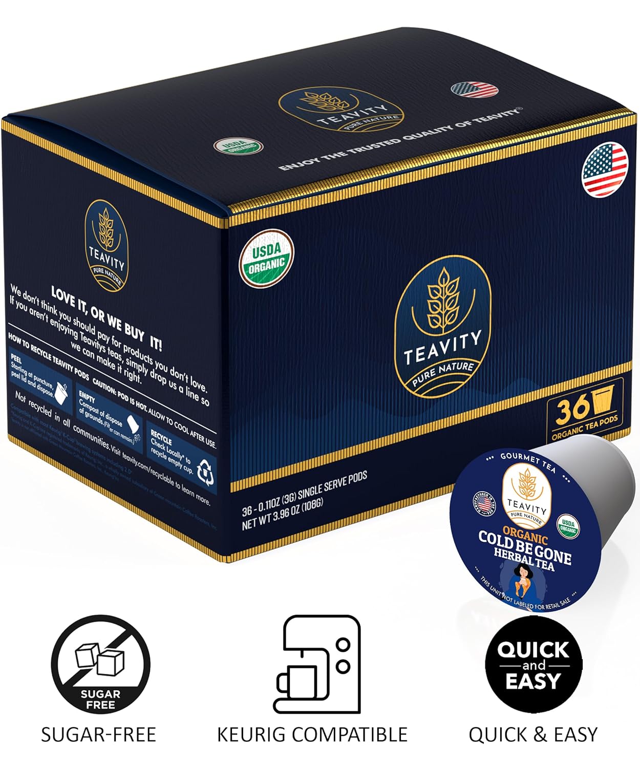 Organic Rooibos Tea Pods for Keurig with Lemon, Mint, Licorice - Unsweetened Decaf Tea for K Cup Brewing by Teavity (36 Tea Pods)