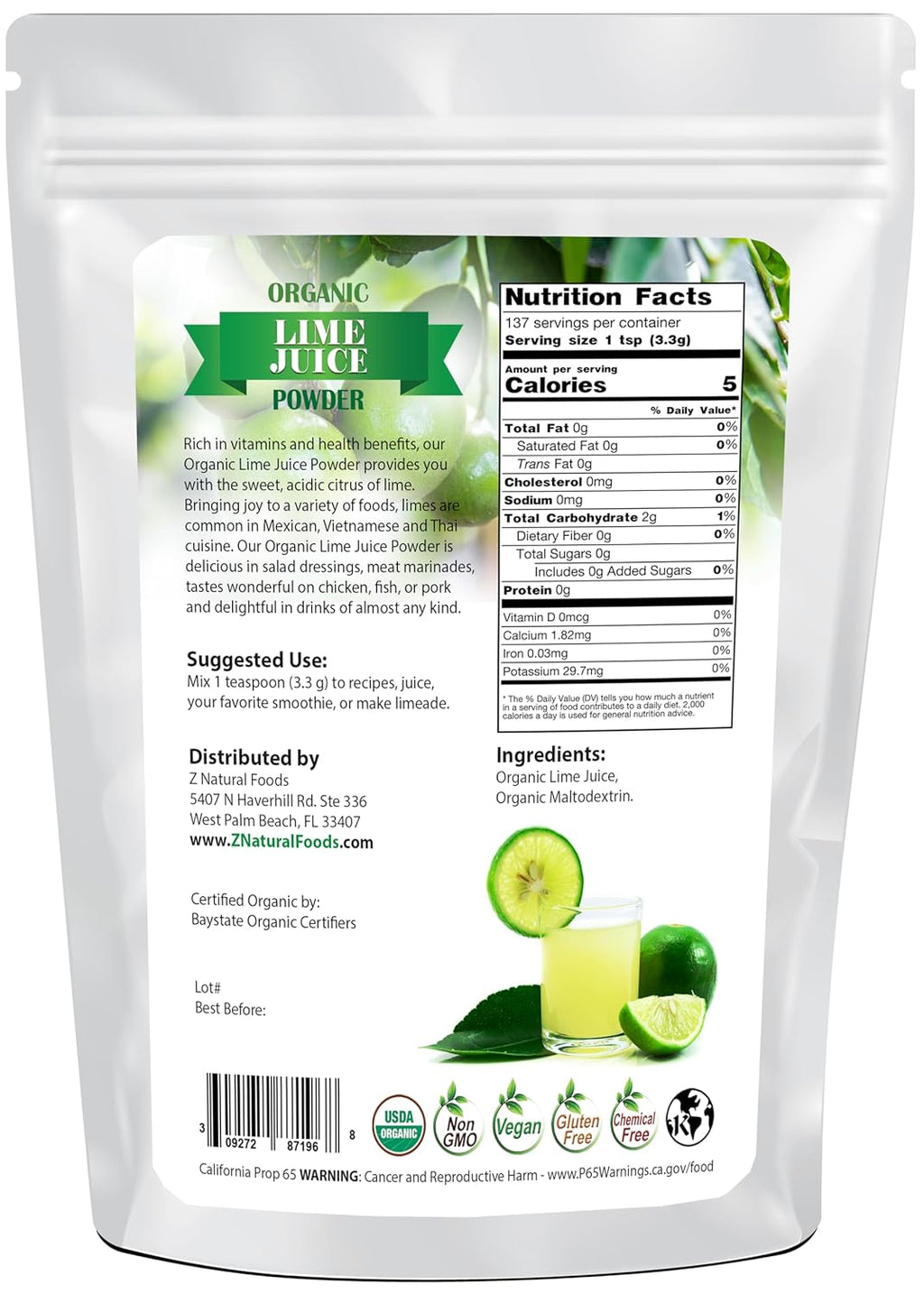 Organic Lime Juice Powder - Superfood Drink Mix Supplement For Drinks, Baking Cooking Recipes - Non GMO, Vegan, Gluten Free, Kosher - 1 lb