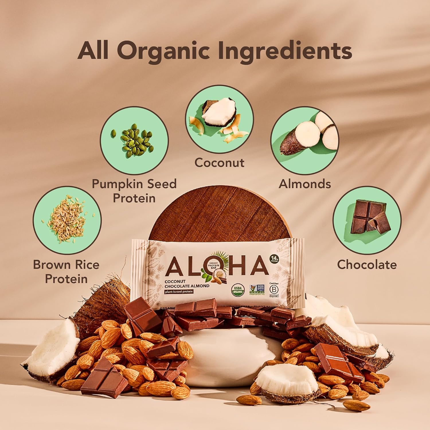 ALOHA Organic Plant Based Protein Bars, Coconut Chocolate Almond, 1.98-Ounce Bars (Pack of 12)