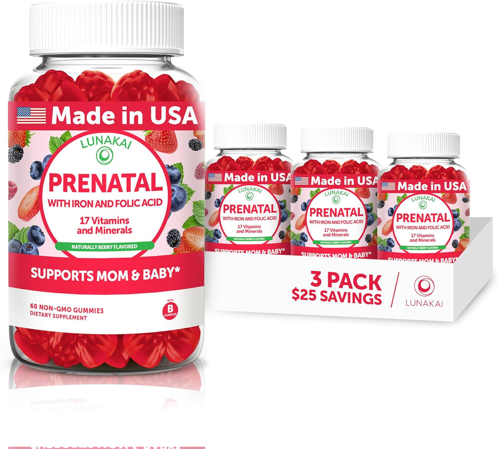 Lunakai USA Made Prenatal Vitamins with Iron & Folic Acid - Delicious Pregnancy Multivitamin Gummies for Women, 3 Pack