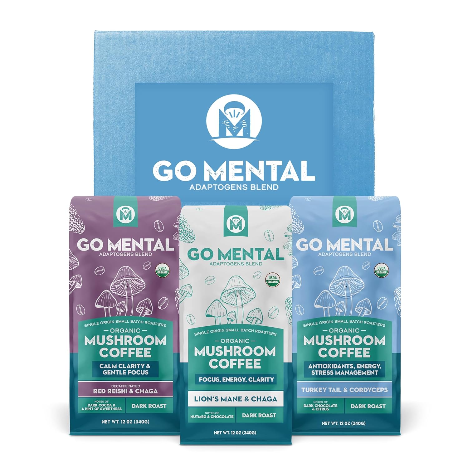 Organic Mushroom Coffee 3 Bag Gift Box Set, Lion's Mane & Chaga, Red Reishi & Chaga Decaffeinated, Turkey Tail & Cordyceps, Immune Support & Overall Wellbeing Dark Roast 36oz Ground