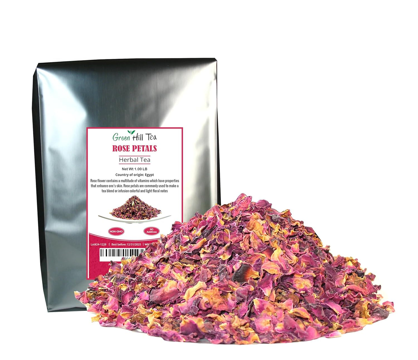 Greenhilltea Premium Dried Rose Petals - Caffeine Free Rose Tea - Edible Flowers for drinks, Baking, Desserts, Cocktails, Wedding Toss & Herbal Tea Infusions 1 LB
