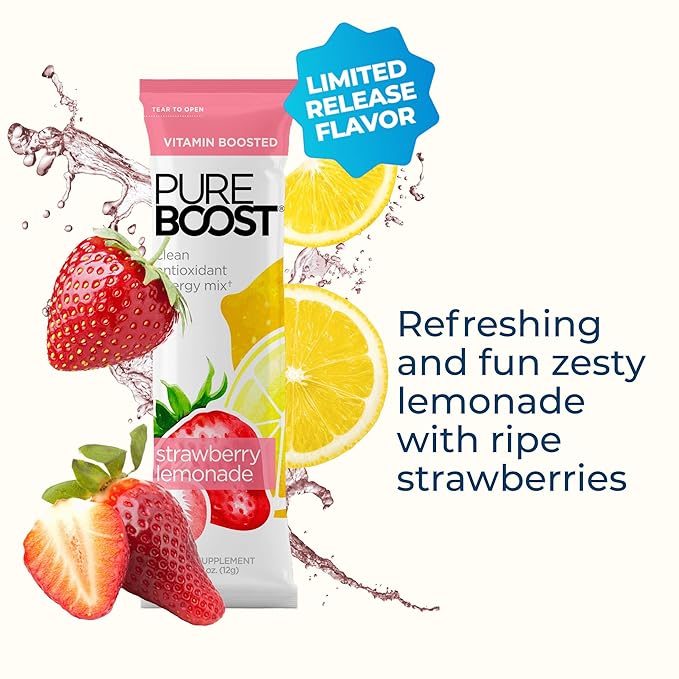 Pureboost Clean Energy Booster, Refreshing Energy Drink Mix with B12 Vitamins, Electrolytes, Antioxidants, Sugar-Free with No Sucralose (Strawberry Lemonade, 30 Count)