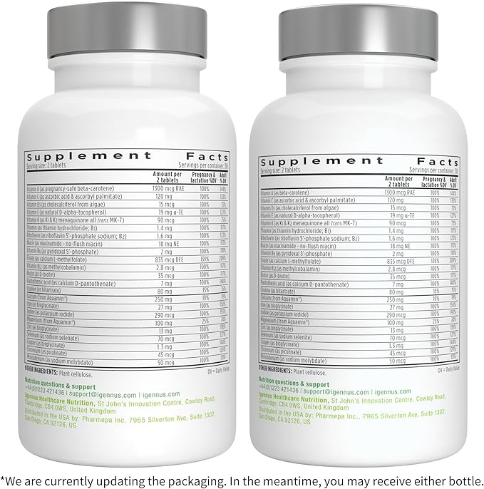 Igennus Methylated Prenatal Multivitamin for Women, Folate for MTHFR, High Absorption, Pure & Clean, Gentle Iron, Choline, Calcium & Magnesium, Vegan Pregnancy Vitamins, Halal, Non-GMO, 60 Tablets x 6