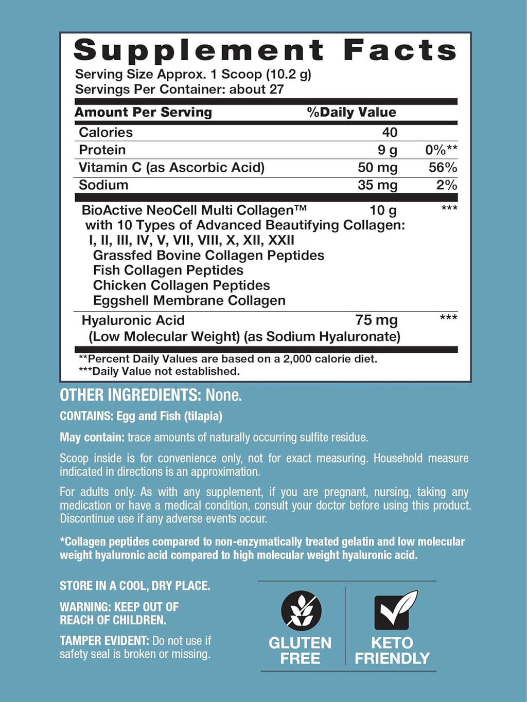 NeoCell Multi Collagen Bio-Peptides Powder | 22oz | Advanced with Hyaluronic Acid and Vitamin C | 10 Super Types of Collagen | Superior Absorption | Grassfed Protein Supplement |