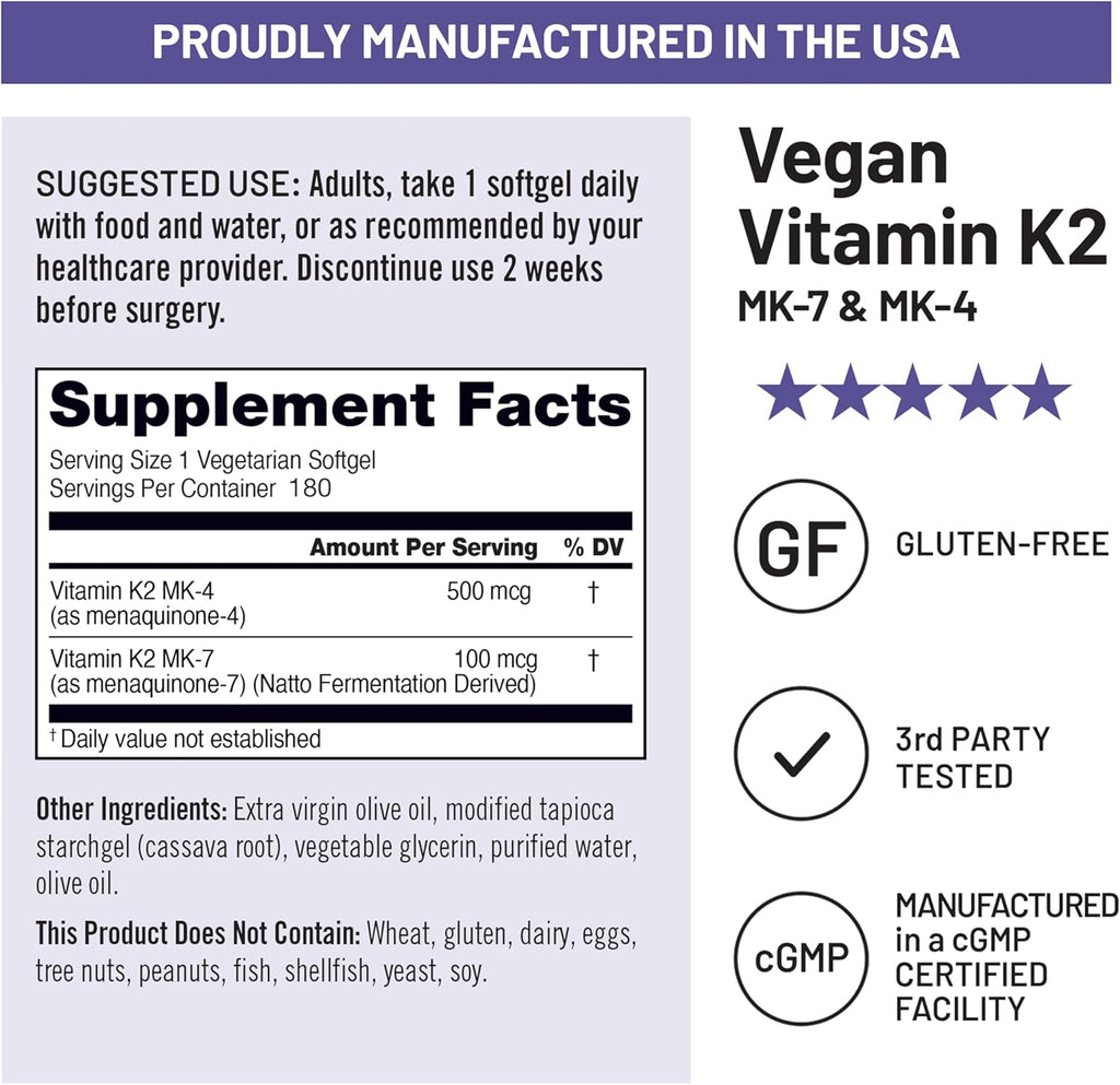 NatureWise Vitamin K2 600mcg Supplement with MK-7 100mcg & MK-4 500mcg - Enhanced Bioavailable Formula - K Complex for Bone and Heart Health - Vegan, Gluten Free, Non-GMO -180 Softgels[6-Month Supply]
