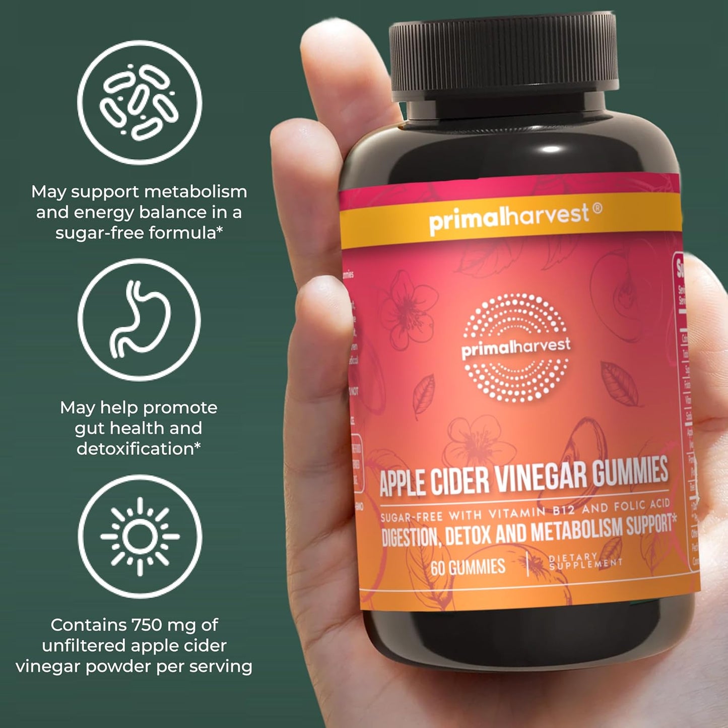Primal Harvest ACV Gummies, 60 Sugar Free Apple Cider Gummies Beetroot and Pomegranate to Support Immunity, Digestion and Detox 750 MG