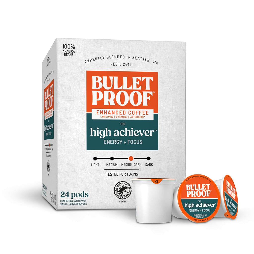 Bulletproof The High Achiever Single-Serve Pods, 24 Count, Medium-Dark Roast Enhanced Coffee with Lion's Mane Mushroom, B Vitamins, and Adaptogens for Energy and Focus