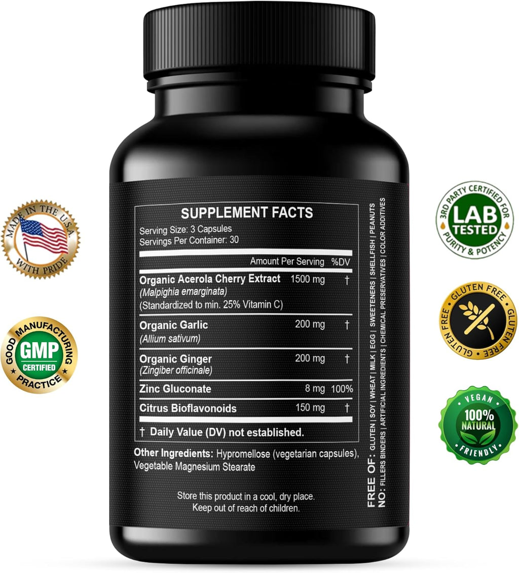 HCL HERBAL CODE LABS Natural Vitamin C from Organic Acerola Cherry - High Absorption - with Garlic Ginger & Citrus Bioflavonoids - Immune System & Collagen Booster - Anti Aging Skin Vitamins