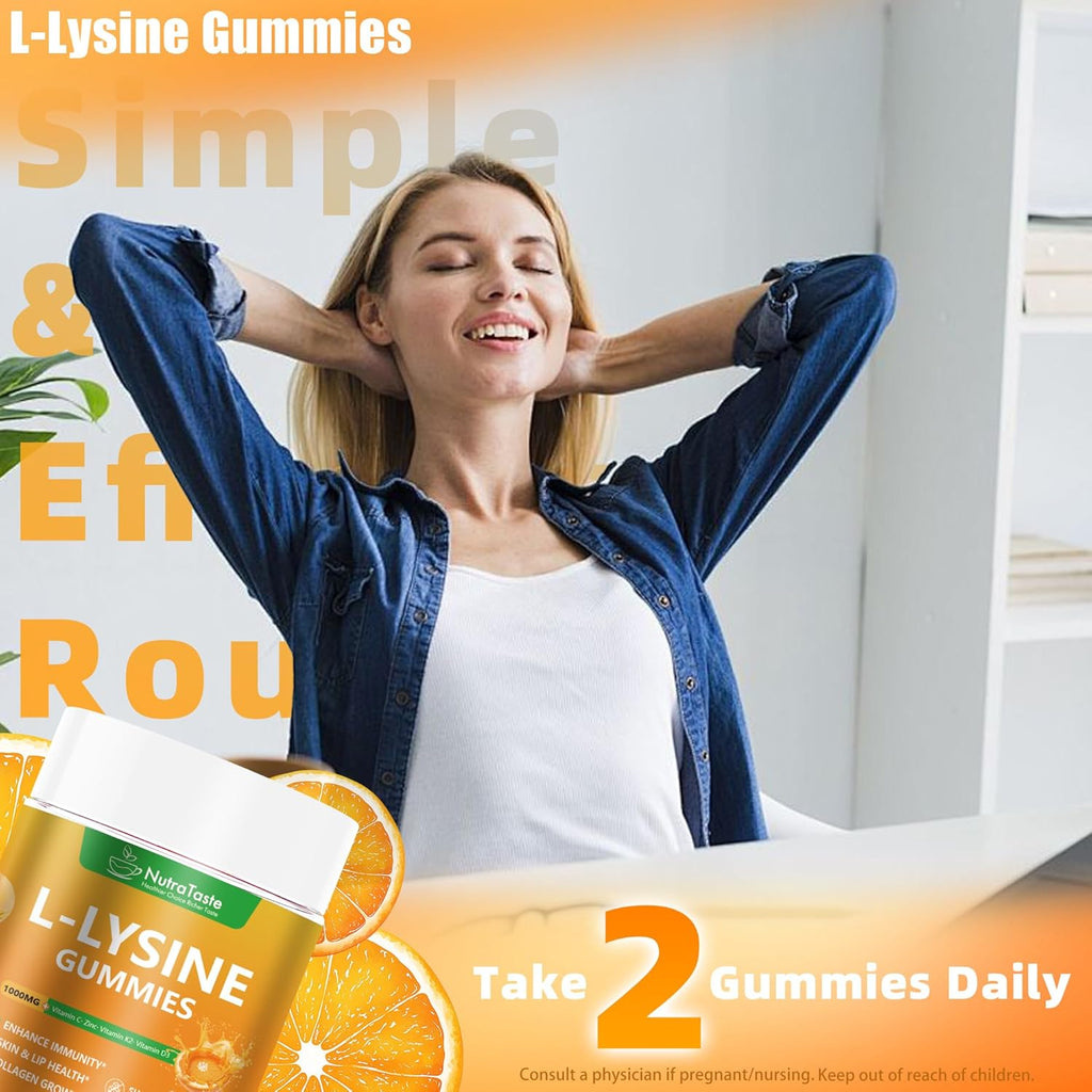 L-lysine Gummies 1000mg, Chewable Lysine Supplement with Vitamin C, D3, K2 & Zinc, Enhance Immunity, Lips & Skin Health, Collagen Growth, Sugar-Free, Gluten-Free, 60 Count (Pack of 1)