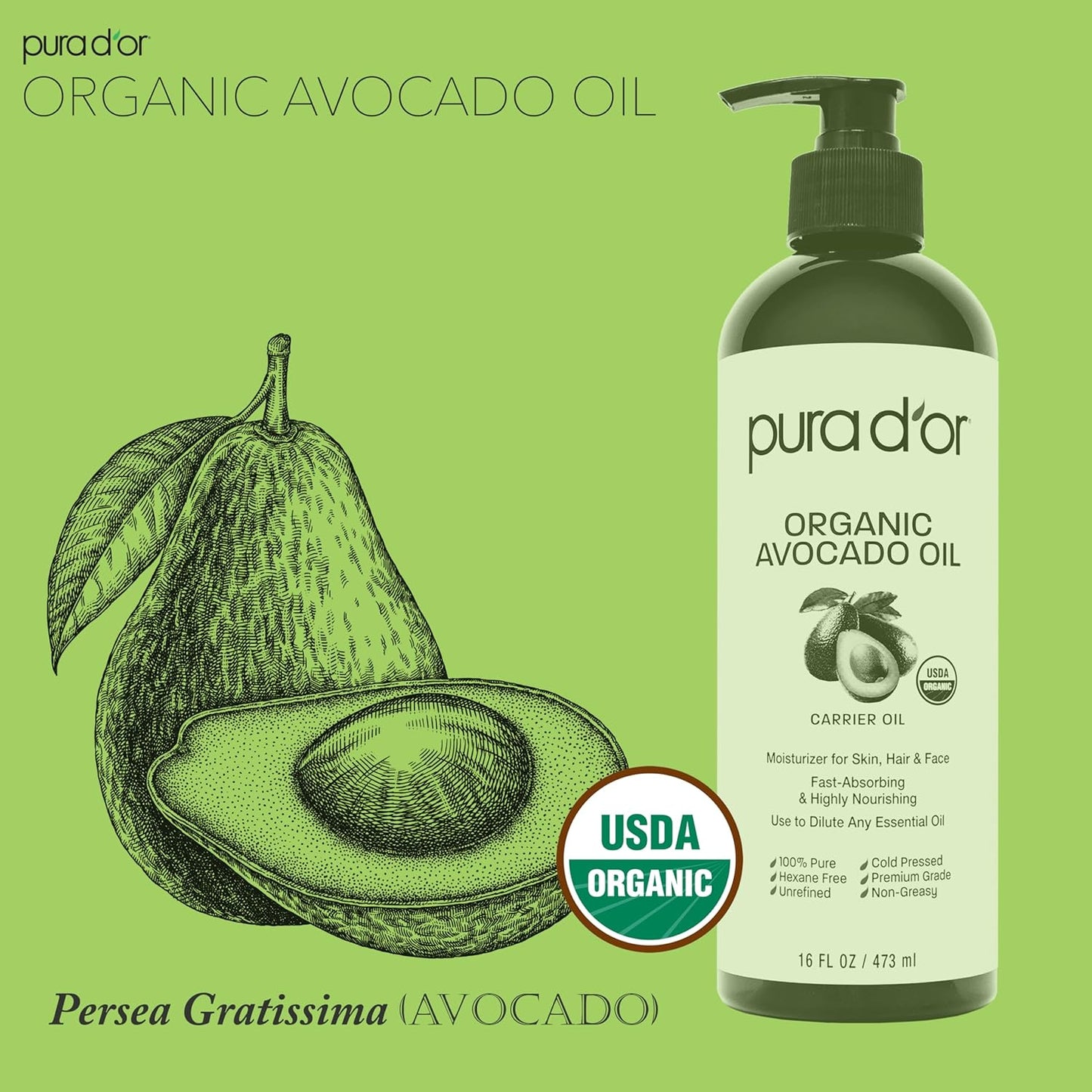 PURA D'OR 16 Oz ORGANIC Avocado Oil - 100% Pure & Natural USDA Certified Cold Pressed Carrier Oil For DIY Beauty, Non-Greasy, Unscented, Hexane Free Liquid Moisturizer - Face Skin & Hair - Men & Women