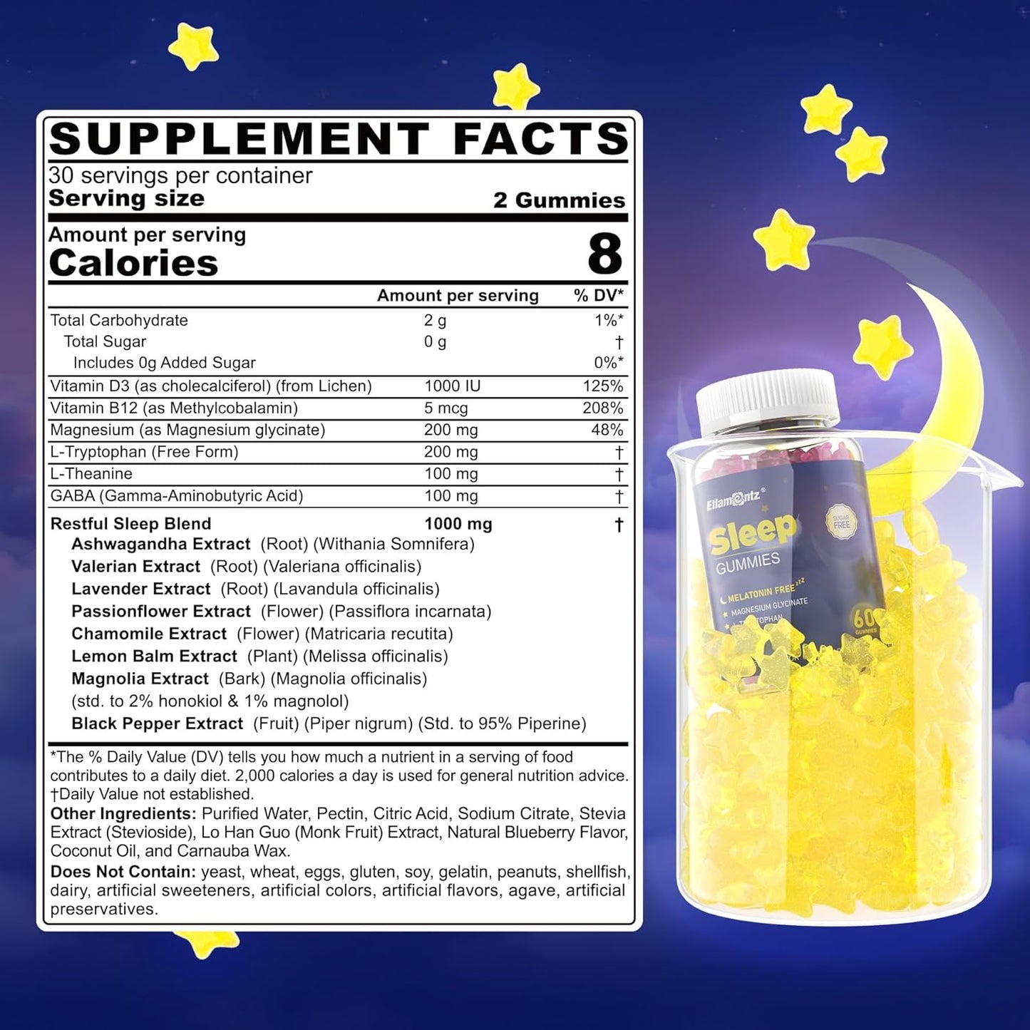 Sleep Gummies Melatonin Free with Magnesium Glycinate, L-Tryptophan, GABA, L-Theanine, Ashwagandha, Natural Sleep Aid Calm Relax Gummy No Melatonin for Adults Extra Strength Without Melatonin, 60Cts