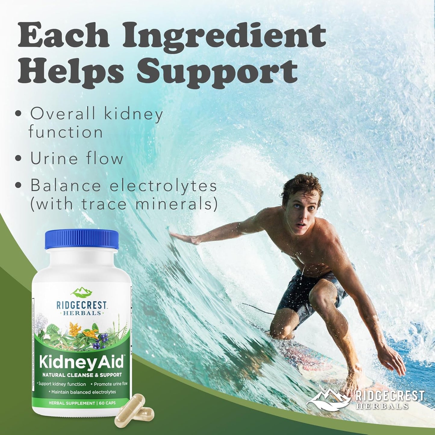 Ridgecrest Herbals KidneyAid, Kidney Health Support Supplement, Hydrangea, Horsetail, Urinary Tract Health Support, Trace Mineral (60 Caps, 30 Serv)