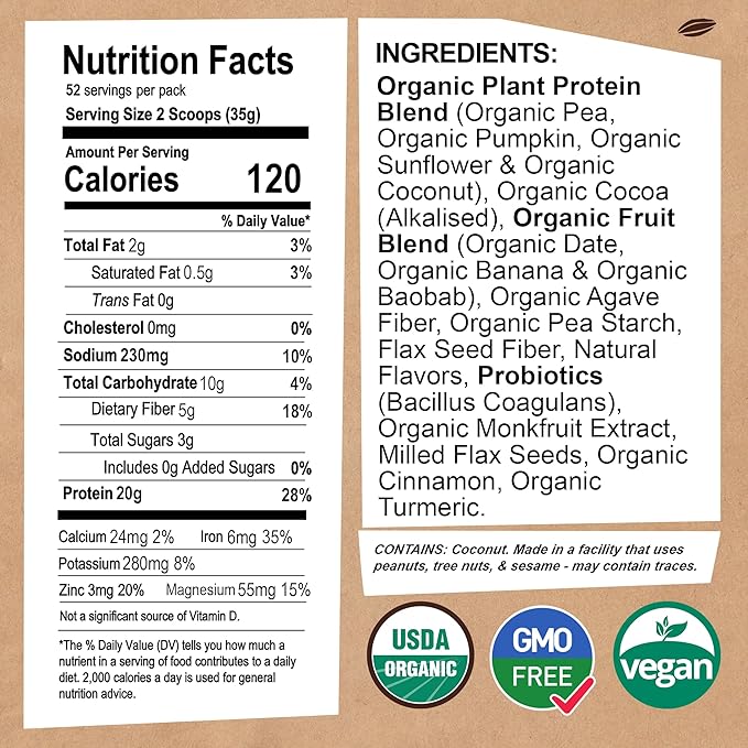 EarthChimp Organic Vegan Protein Powder - with Probiotics - Non GMO, Dairy Free, Non Whey, Plant Based Protein Powder for Women and Men, Gluten Free - 52 Servings 64 Oz (Chocolate) No Scoop