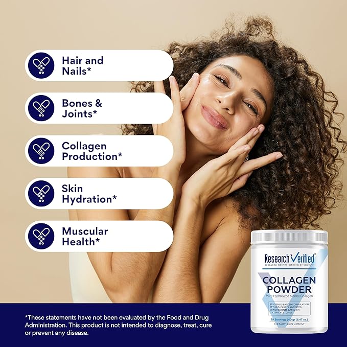 Research Verified® Collagen Powder - Hydrolyzed Marine Collagen Peptides - Unflavored - Skin Hydration and Elasticity, Muscle Recovery, Non GMO - 30 Scoops Per Container - 6 Month Supply