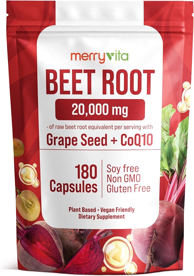 Beet Root Capsules with Grape Seed & CoQ10 - Blood Pressure Support Supplement - Nitric Oxide Booster - Super Beets Supplement for Heart, Energy, Circulation - 180 Vegan Capsules, Non GMO
