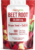 Beet Root Capsules with Grape Seed & CoQ10 - Blood Pressure Support Supplement - Nitric Oxide Booster - Super Beets Supplement for Heart, Energy, Circulation - 180 Vegan Capsules, Non GMO