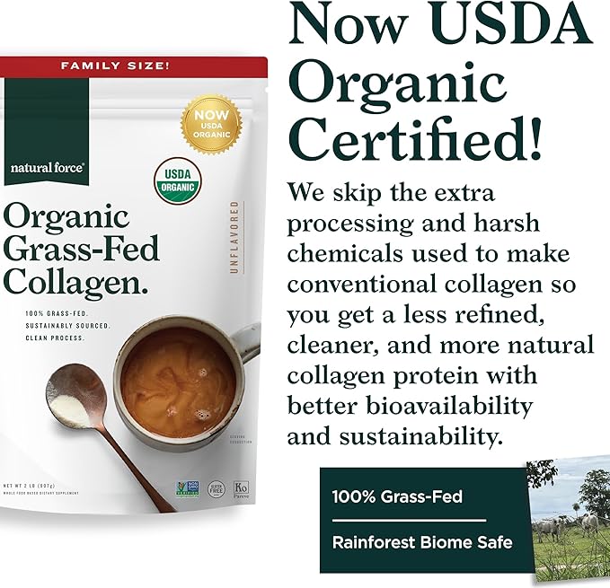 Natural Force Organic Clean Collagen Peptides Powder - USDA Certified Organic & Non-GMO, Keto & Paleo Certified - Hydrolyzed Type I & III Protein Powder with Essential Amino Acids – Unflavored, 32oz