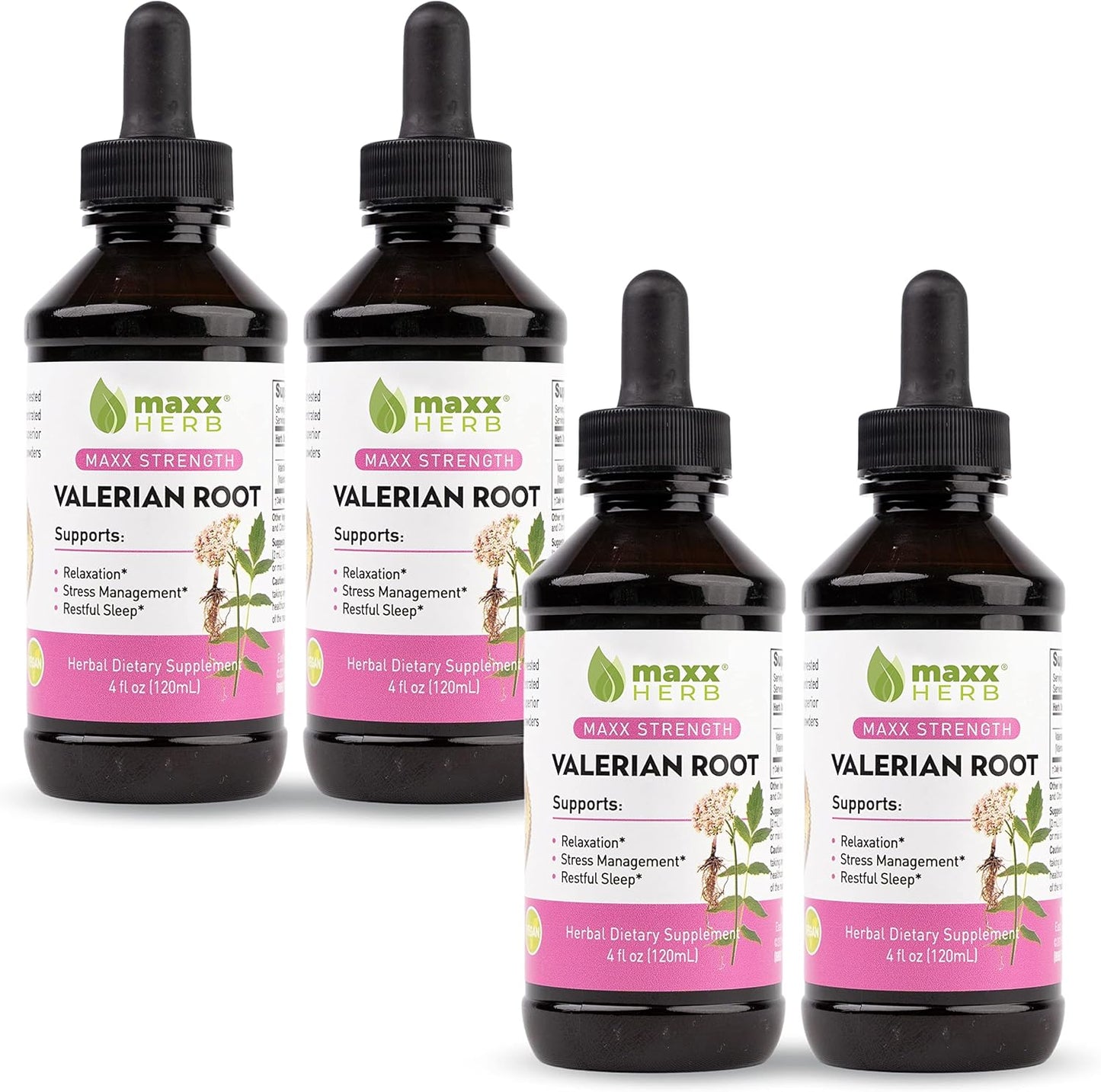 Maxx Herb Valerian Root Extract - Max Strength, Liquid Valerian Root Absorbs Better Than Capsules, for Relaxation and Restful Sleep, Alcohol-Free - 4 Bottles, 4 Oz Each (240 Servings)
