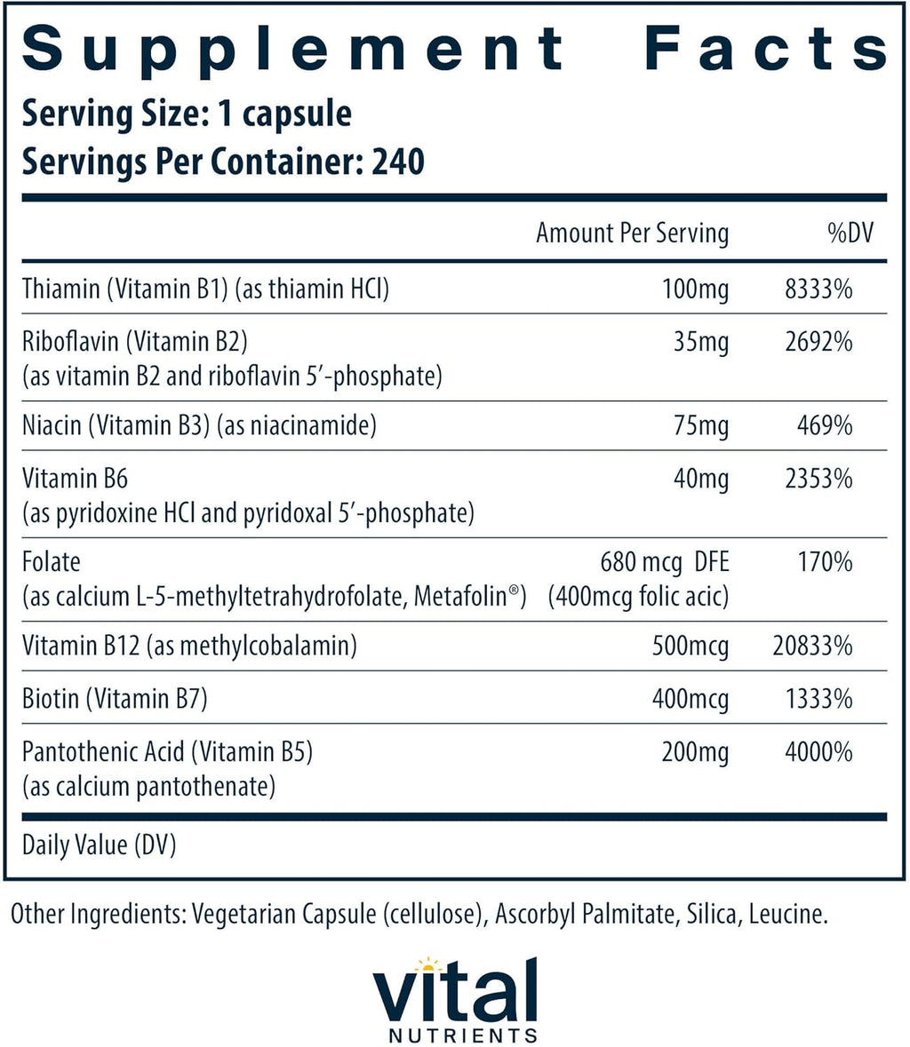 Vital Nutrients Vitamin B-Complex | Vegan High-Potency Methylated B Complex Vitamins | B Vitamins Support Energy Production, Metabolism, and Heart Health* | Gluten, Dairy, Soy Free | 240 Capsules