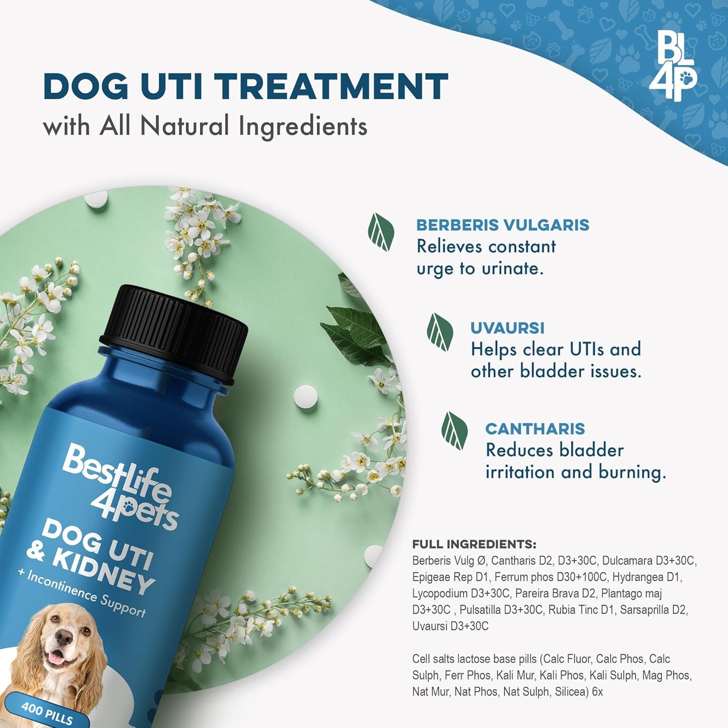 Dog UTI and Kidney Support, Natural Incontinence & Bladder Control for Dogs Reduces Involuntary Leaking, Urinary Tract Problems, Flush Out Bladder Stones & Improves Dog Kidney Health (400 Pills)