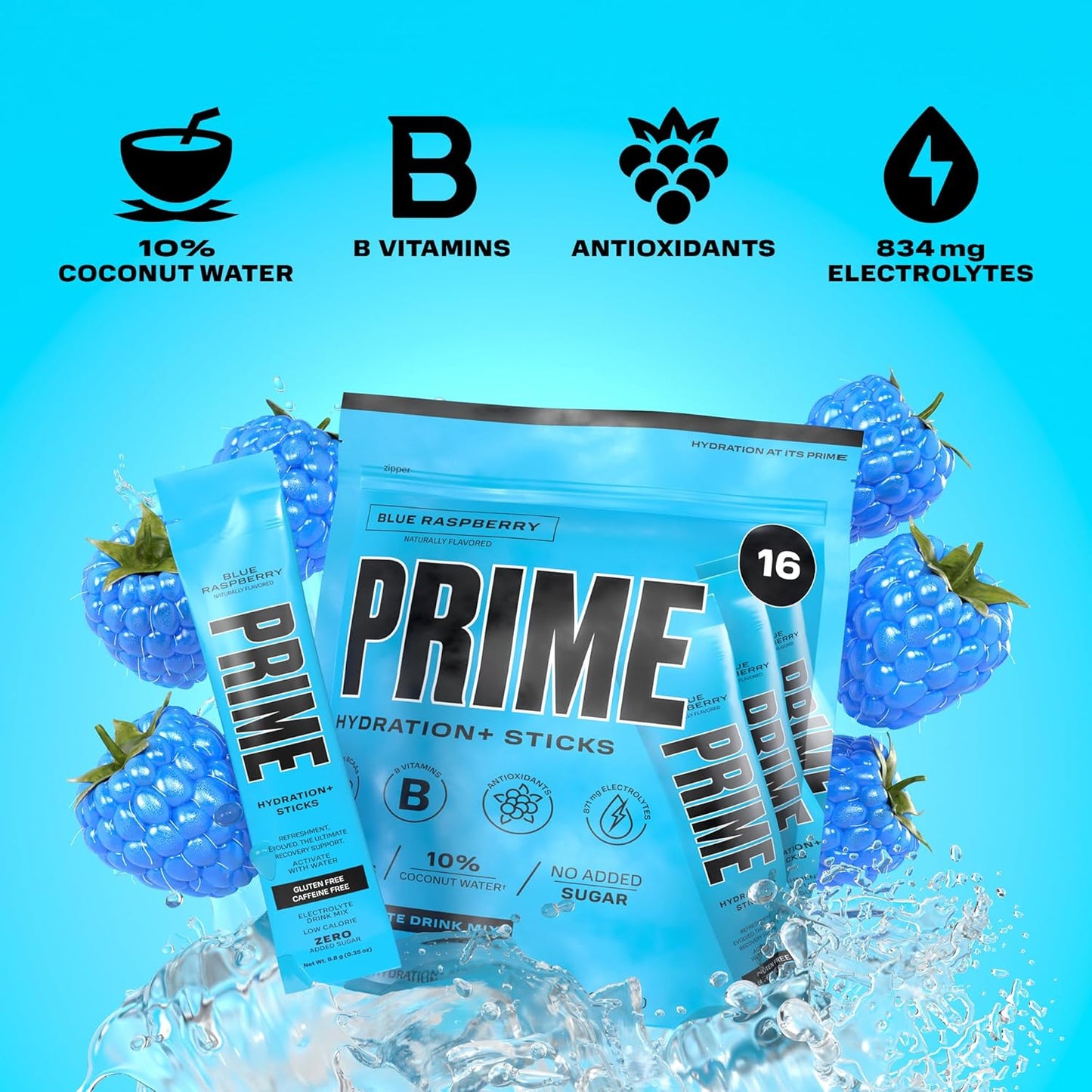 PRIME HYDRATION+ Sticks Blue Raspberry | Hydration Powder Single Serve Sticks | Electrolyte Powder On The Go | 250mg BCAAs, B Vitamins, Antioxidants | Low Sugar | Caffeine-Free | Vegan | 48 Sticks