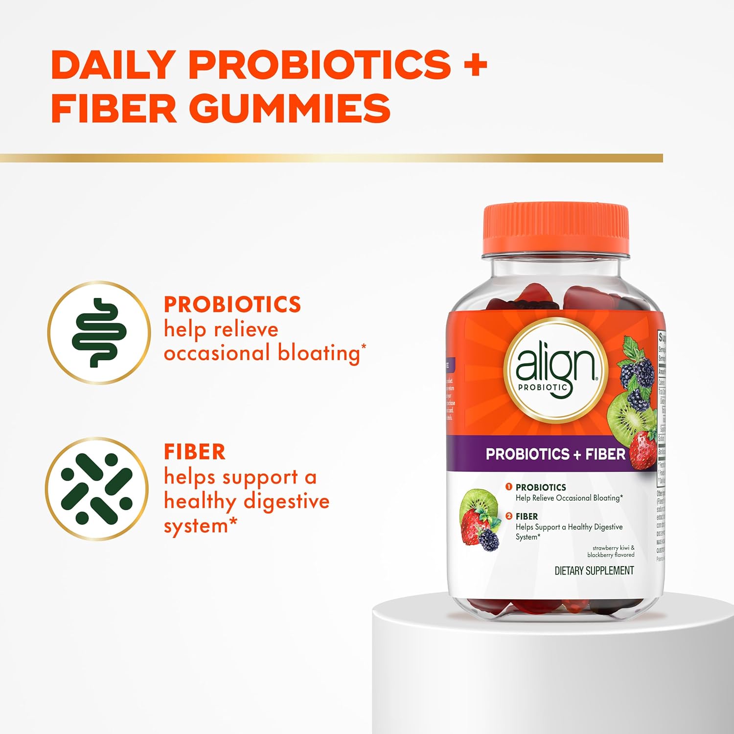 Align Probiotic, Probiotics + Fiber, Probiotics Help Relieve Occasional Bloating*, Fiber Helps Support a Healthy Digestive System*, #1 Doctor Recommended Probiotic Brand‡, 60 Gummies