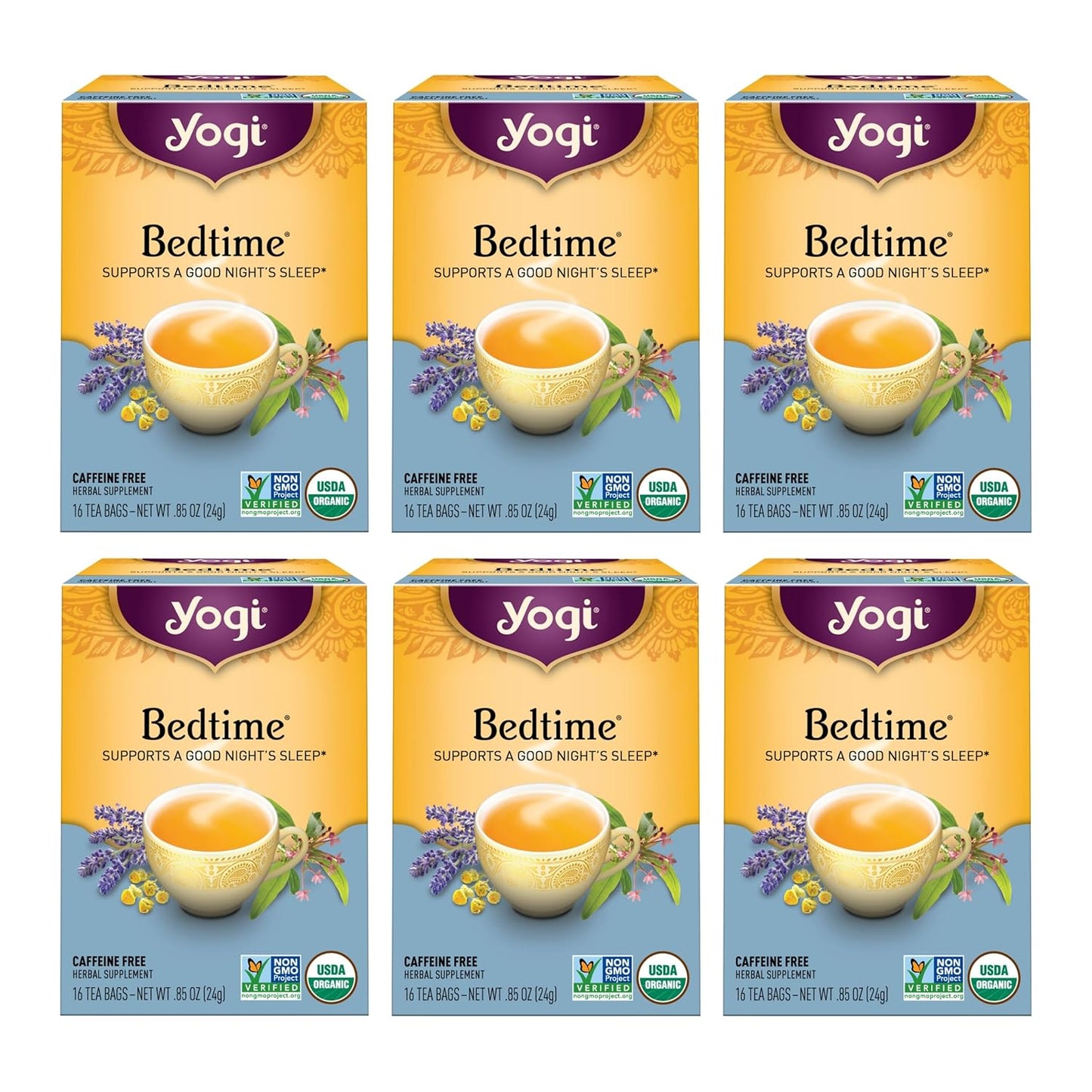 Yogi Tea - Bedtime (6 Pack) - Supports a Good Night’s Sleep - Tea with Passionflower, Chamomile, Valerian Root, and Lavender - 96 Organic Herbal Tea Bags