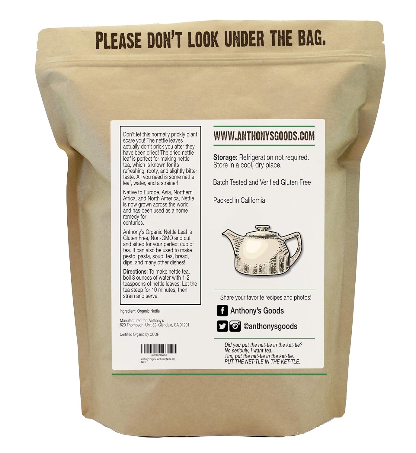 Anthony's Organic Nettle Leaf, 1 lb, Gluten Free, Non GMO, Cut & Sifted, Non Irradiated, Keto Friendly