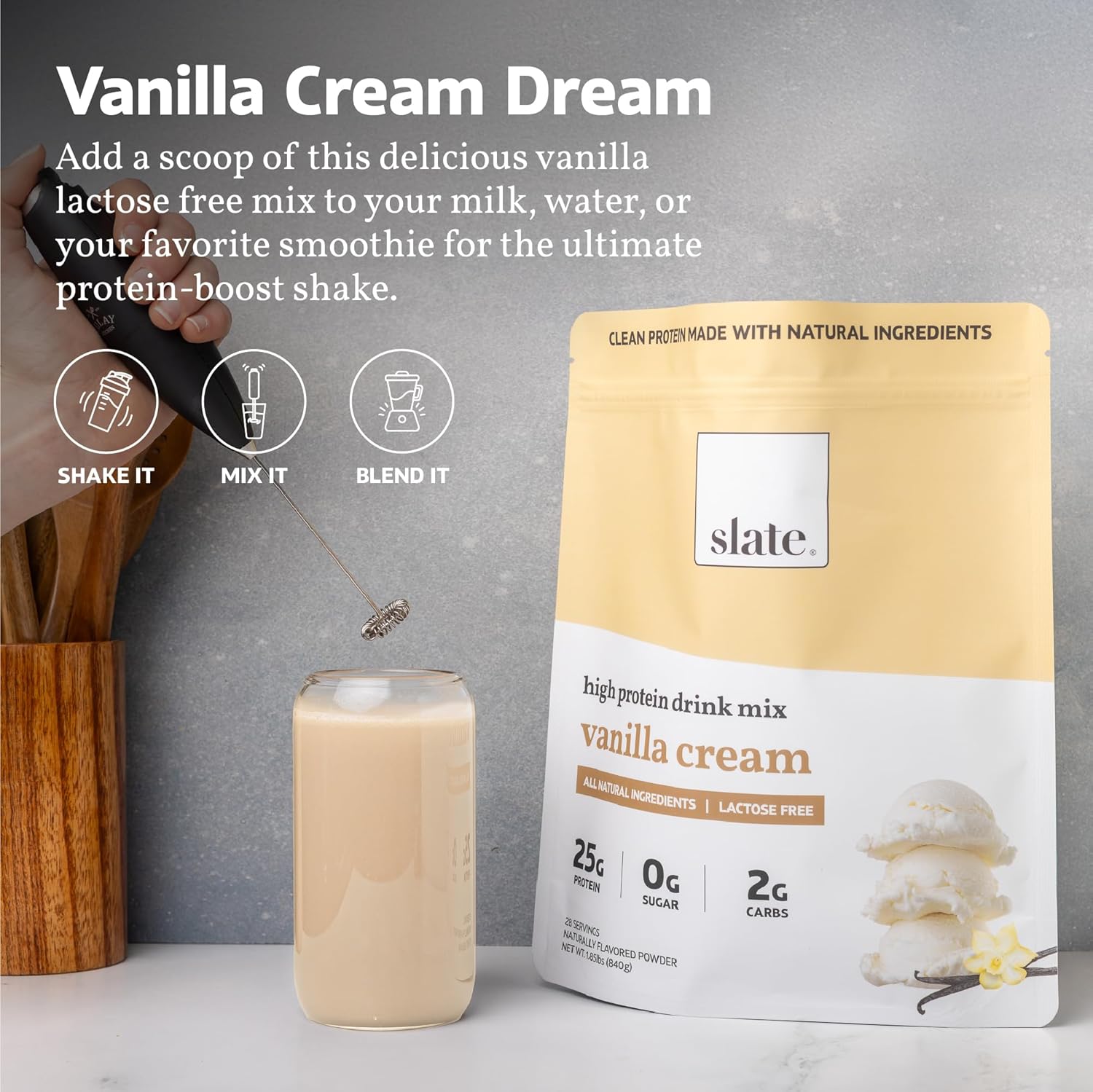 Slate Milk -High Protein Drink Mix Powder -Vanilla Cream,28 Servings Bag - Lactose Free,25g Protein,0g Sugar,105 Calories,2g Carbs,All Natural Ingredients - Breakfast Boost - Post Workout -1.85 lbs