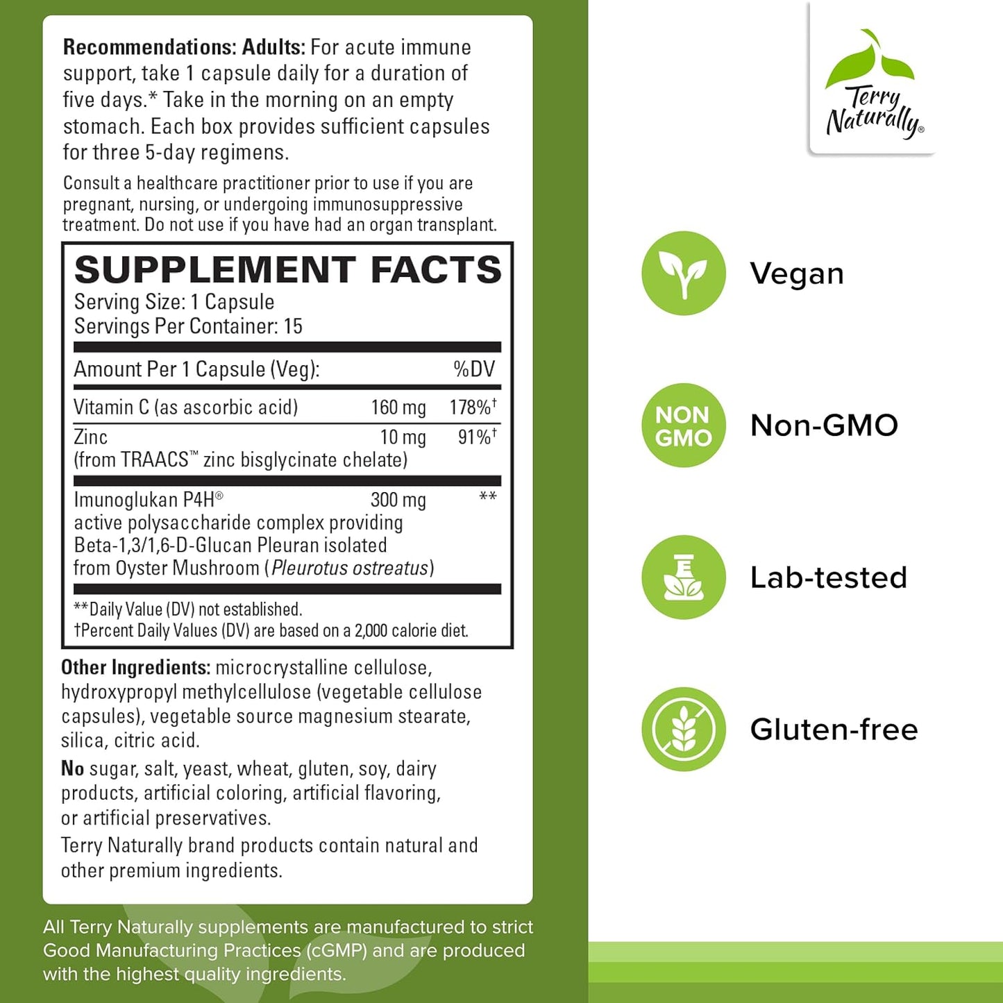 Terry Naturally PleuraMax Extra Strength - Upper Respiratory Health Supplement - Sourced from Oyster Mushrooms - Includes Vitamin C & Zinc for Immune Support - Vegan - 15 Capsules (15 Servings)