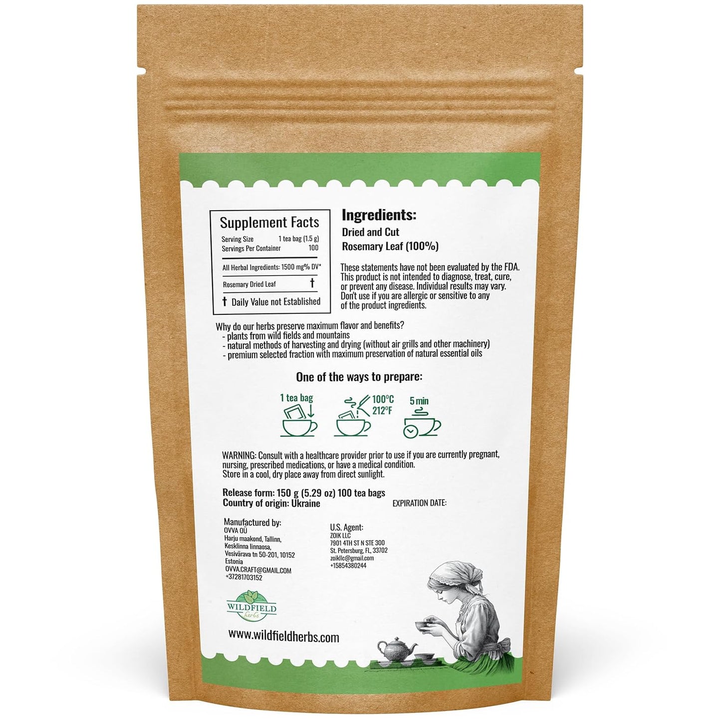 100 Bags Rosemary Tea Herbal Tea (Salvia Rosmarinus) - 100 Count 1.5g Bags Rosemary Herb Te De Romero