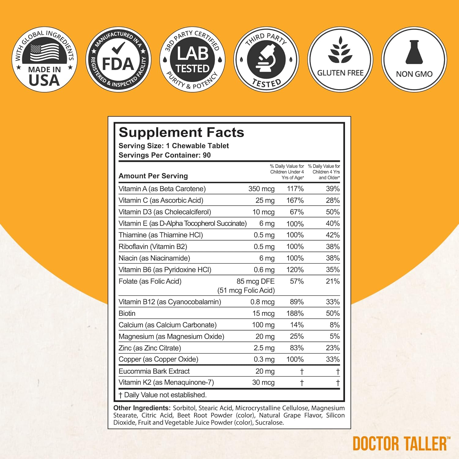 Doctor Taller Kids - Support Bone Strength with Multivitamins, Multiminerals, Calcium Bone Health Formula for Kids Ages 2 to 9 - Grape Flavor - Helps Children Grow Stronger - 6 Pack | 9 Months Supply