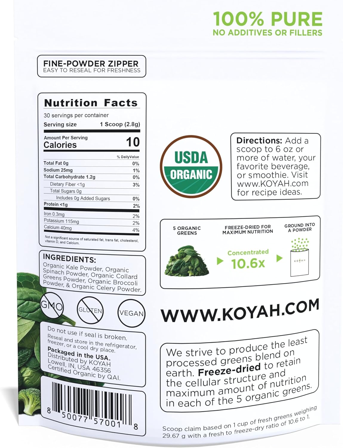 KOYAH - Organic Greens Blend Powder (Equivalent to 30 Cups Fresh Greens): Freeze-Dried, Whole-Vegetable