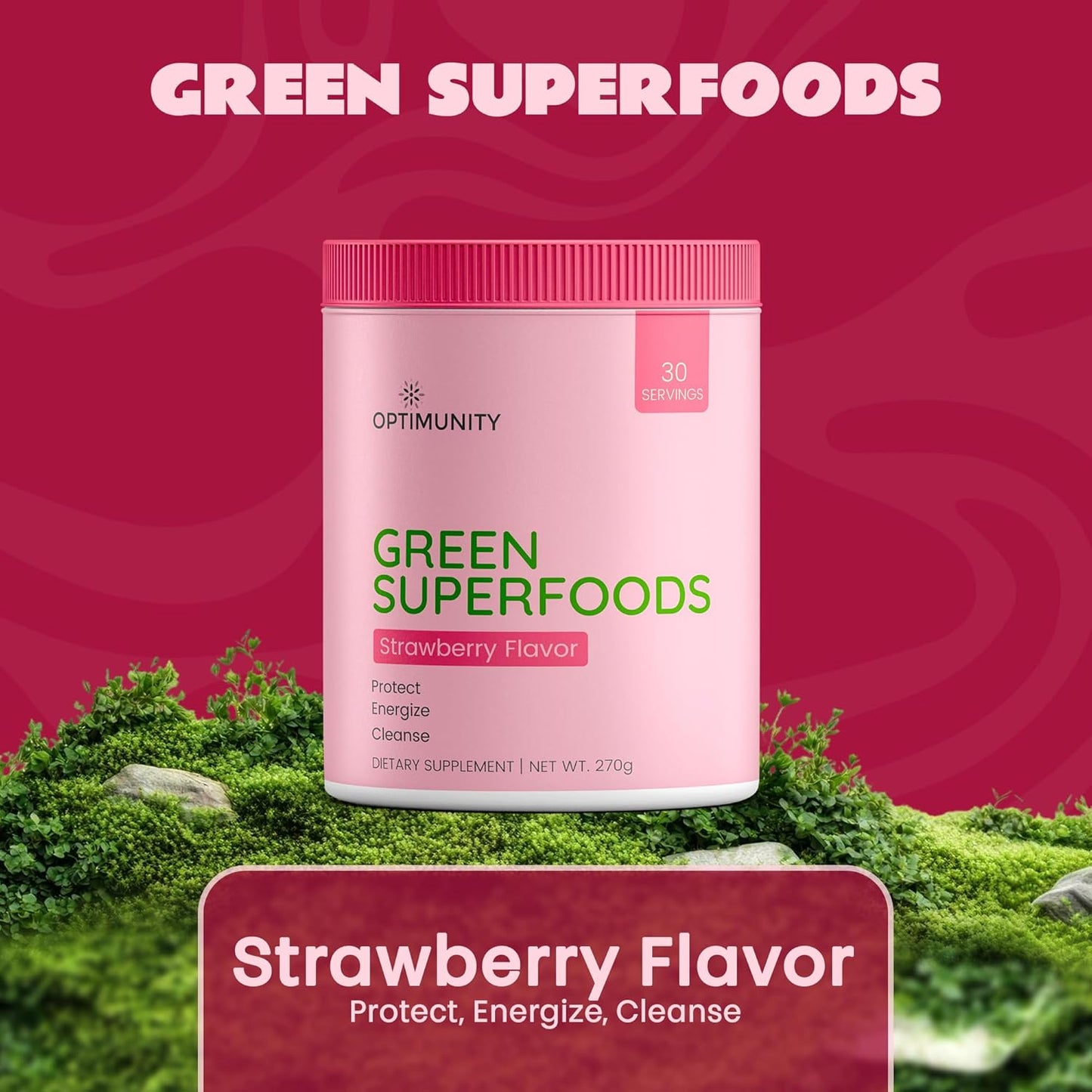 Green Superfoods Powder - Unflavored – Organic Greens Blend with Spirulina, Probiotics & Digestive Enzymes – Detox, Immune & Gut Health Support – 30 Servings (30 Servings, Strawberry)
