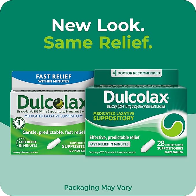 Dulcolax Stimulant Laxative Medicated Suppositories, Predictable & Effective Constipation Relief, Bisacodyl 10 mg, 28 Count, Stimulant Laxatives